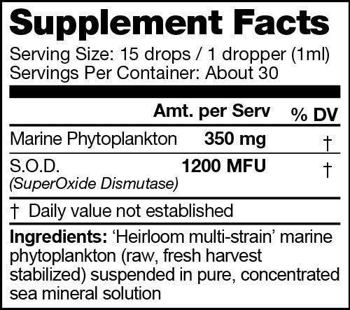 Sunfood Superfoods Oceans Alive Marine Phytoplankton- 2.0 Heirloom Multi-Strain. Raw, Fresh Harvest Stabilized. SOD (SuperOxide Dismutase) For Health on a Cellular Level. 1 oz Glass Bottle, Dropper