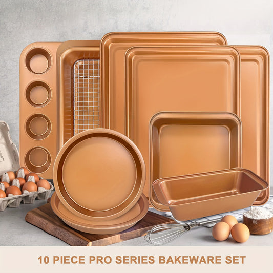 10-Piece Professional Bakeware Set - Heavy-Duty Carbon Steel, 0.8mm Thick, Dishwasher Safe, Bicolor Baking Pans with Easy Food Release