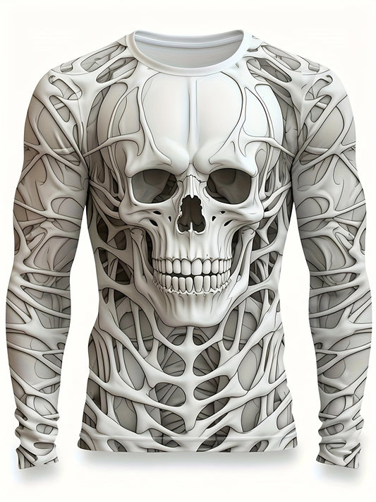 Men's Graphic Skull Tee - Vibrant 3D Print, Long Sleeve, Polyester Blend, Casual Crew Neck, Slight Stretch, Regular Fit, All-Season Fashion, Pullover Design, Comfortable Wear