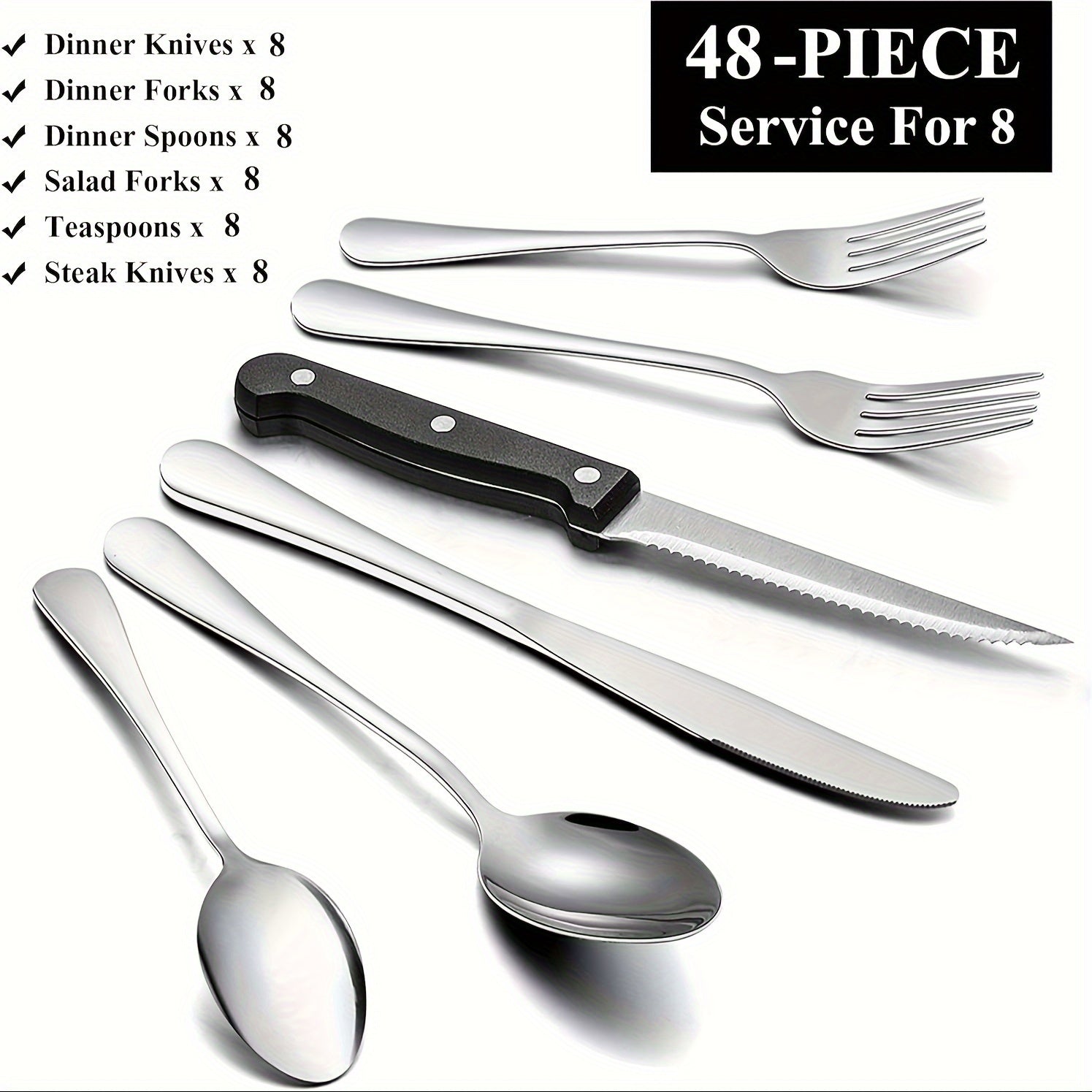 48-Piece Stainless Steel Silverware Set: Mirror Polished Flatware Cutlery Service for 8 with Steak Knives, Spoons, Forks, and Tray