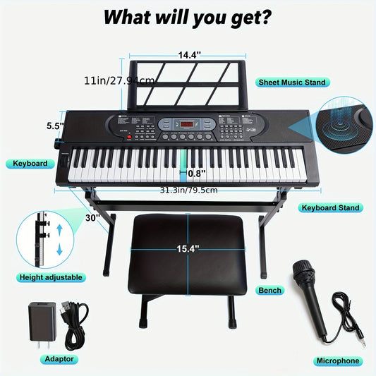 [Fast Arrival] 61-Key Luminous Electronic Digital Piano for Beginners with Dual Speakers, Piano Stand, Foldable Stool, Microphone, Music Stand, and Keyboard Stand