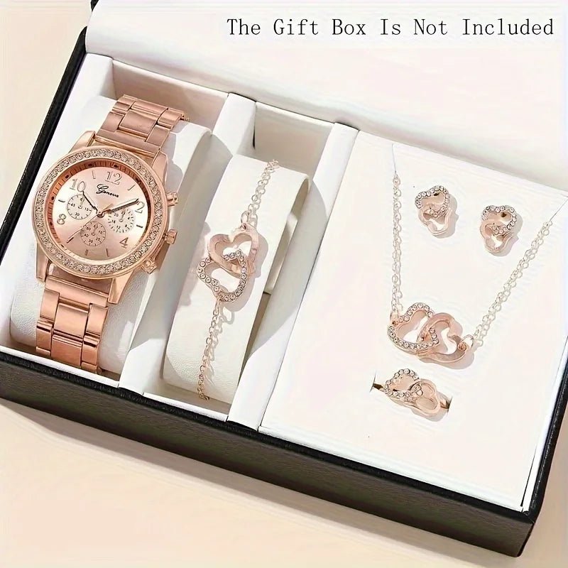 Gorgeous 6pcs Set, 1pc Women's Quartz Watch & 5pcs Heart - Shaped Rhinestone Jewelry - Sunleafy